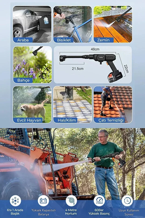 ROBO Şarjlı Ve Yüksek Basınçlı Oto Yıkama Ve Sulama Tabancası